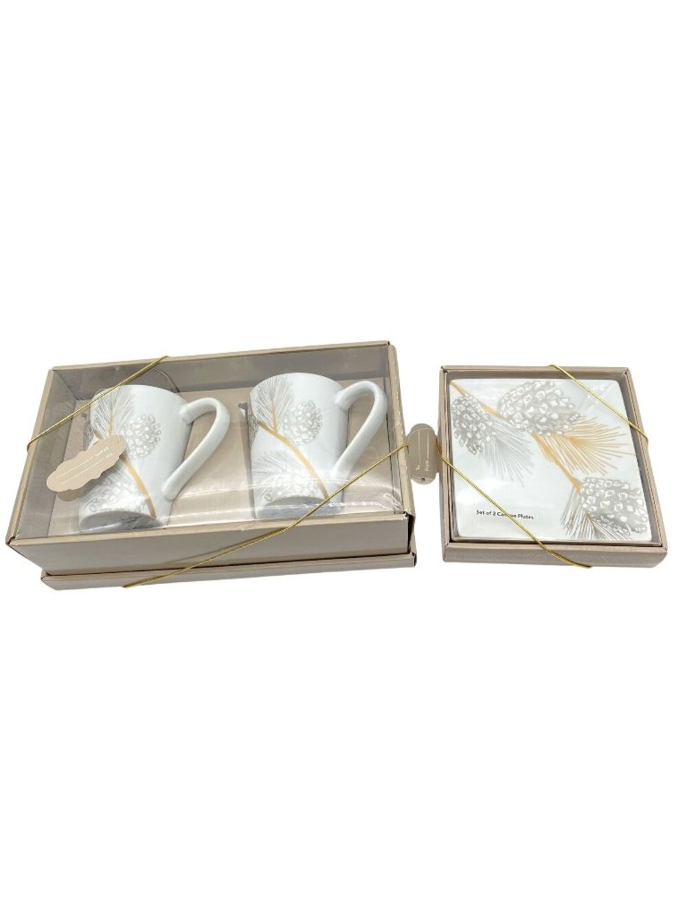 St. Nicholas Square Holiday Mug & Canape Plate Gift Set Gold Silver Pinecone